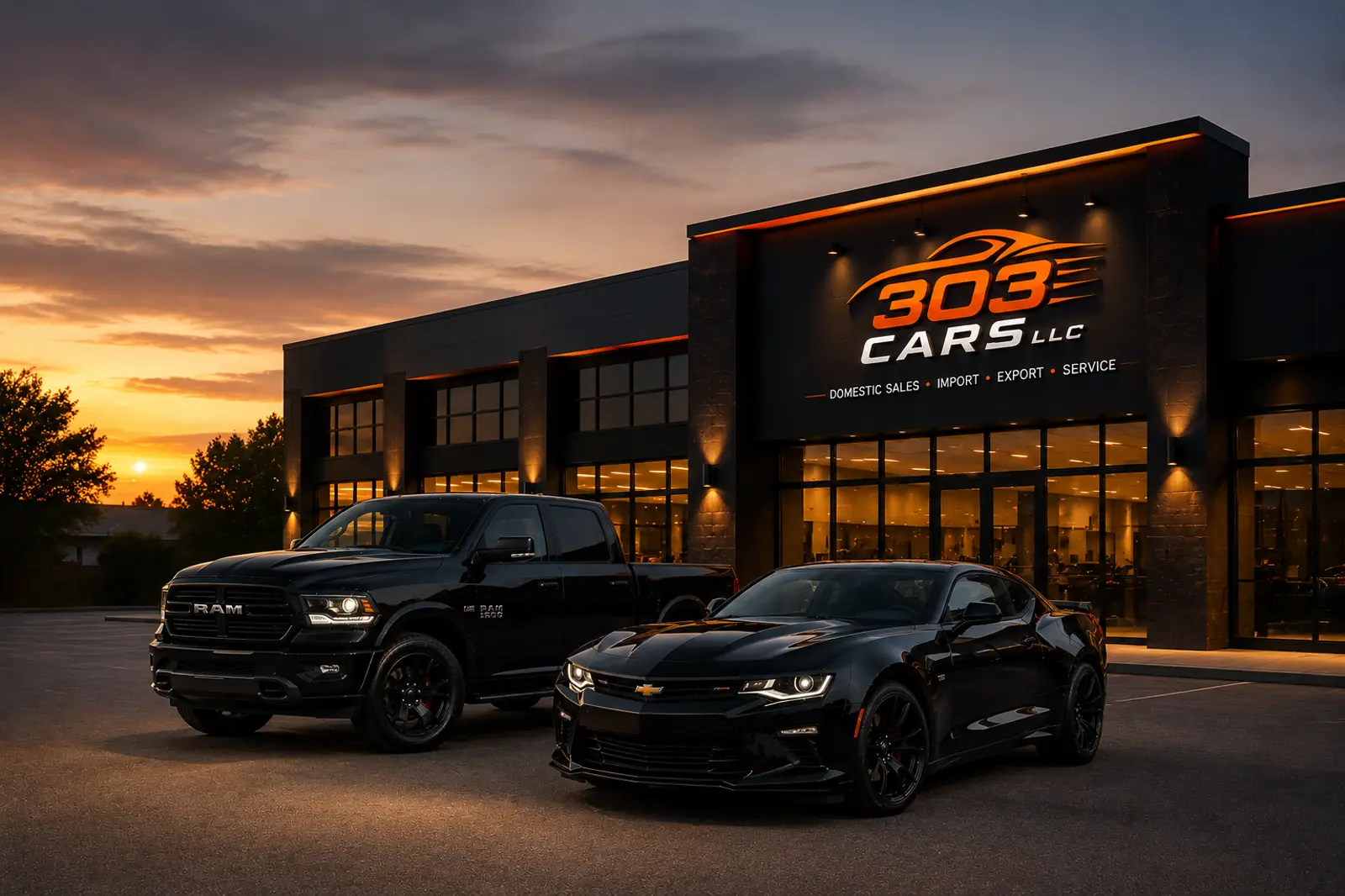 Illustration of a used-car lot at dusk